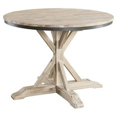 a round wooden table with two black metal legs and an unfinished wood base, against a white background