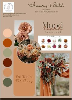 an orange and brown wedding color scheme with flowers on the bottom right corner, in front of