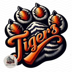 a tiger paw with the word tigers written in orange and black on it's left side