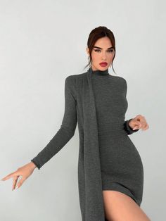 Women's Asymmetrical Fitted Wrap Dress, Autumn/Winter Dark Grey Casual  Long Sleeve Knitwear Plain  Medium Stretch  Women Clothing, size features are:Bust: ,Length: ,Sleeve Length: Fitted Wrap Dress, Winter Dark, Simple Scarf, Duck Shirt, Casual Dress Pants, Long Knitted Dress, Fall Winter Dresses, Dress Autumn, Jeans Casual