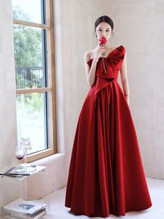 One Shoulder Evening Dress, Red Party Dress, Tulle Evening Dress, Satin Evening Dresses, Dress One Shoulder, Red Party, Dress Tulle, Engagement Dresses, Satin Prom Dress