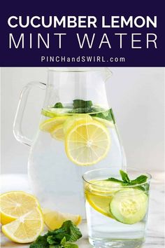 cucumber lemon mint water in a pitcher with sliced lemons and mint