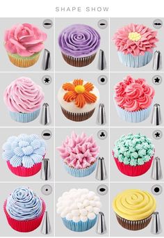 cupcakes with different colors and designs on them