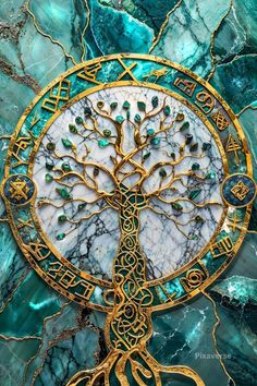 the tree of life is surrounded by gold and green marble