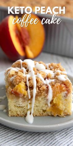 a piece of coffee cake on a plate with a fork and an apple in the background