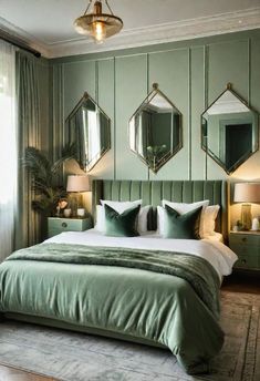 a green bedroom with three mirrors above the bed and two lamps on either side of the bed