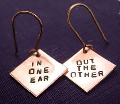 In One Ear Out the Other . Tiny Copper Earrings, Hand Stamped . Copper Squares, Handstamped Jewelry - Etsy In One Ear And Out The Other, Metal Stamped Earrings, Metal Stamping Jewelry Ideas, Stamped Jewelry Ideas, Metal Stamping Ideas, Metal Stamping Projects, Metal Stamped Bracelet, Handstamped Jewelry, Little Earrings