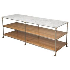 a white marble top shelf with two wooden shelves on each side and gold metal legs