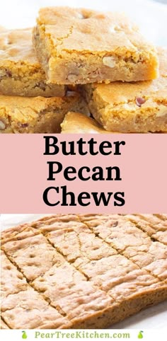 peanut butter pecan chews are stacked on top of each other with the text overlay