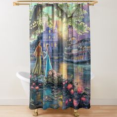 a shower curtain with an image of two people standing in front of a river