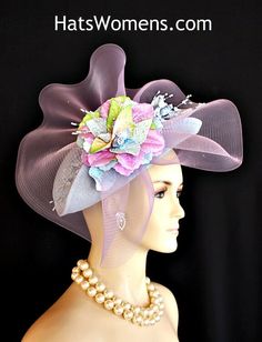 "Women's Ice Light Baby Blue Poly Sinamay Straw Fashion Designer Haute Couture Shaped Vintage Styled Cocktail Hat Headpiece Wedding Bridal Fascinator Hair Accessory. This Couture Custom Made Kentucky Derby Hat Is Embellished With A Large Lavender Purple Horsehair Crinoline Bow Enhanced With Beautiful Custom Made Vintage Silk And Velvet Millinery Flowers. Colors Include Baby Blue, Peach, Lime Green And Lavender Purple. Gorgeous Ice Blue Roses Containing Pearls Are Placed On Each Side Of The Main Lilac Fascinator, Mother Of The Bride Hats, Fascinator Hair, Preakness Stakes, Custom Made Hats, Millinery Flowers, Bridal Fascinator, Bridal Hat, Spring Racing