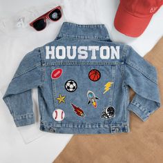 Houston Texas, Houston Sports Fan Jacket, Houston Fan Kids Jacket, Space City Apparel, Custom Patch Baseball Denim Jacket, Custom Patch Football Denim Jacket, Custom Patch Basketball Denim Jacket, Baseball Custom Denim Jacket Patches, Football Custom Denim Jacket Patches, Basketball Custom Denim Jacket Patches, Personalized Patch Baseball Denim Jacket, Personalized Patch Football Denim Jacket, Personalized Patch Basketball Denim Jacket, Fan Baseball Denim Jacket Custom Patches, Fan Football Denim Jacket Custom Patches, Fan Basketball Denim Jacket Custom Patches, Vintage Patch Baseball Denim Jacket, Vintage Patch Football Denim Jacket, Vintage Patch Basketball Denim Jacket Looking for a personalized denim jacket? These customizable jackets, perfect for a unique and trendy wardrobe addition, Spring Denim Outerwear For College, Casual Cotton Denim Jacket For College, Long-sleeved Cotton Denim Jacket For College, Long Sleeve Cotton Denim Jacket For College, Casual Long Sleeve Denim Jacket For College, Cotton Long Sleeve Denim Jacket For College, College Denim Jacket For Fall, Fall Denim Jacket For College, Spring Long Sleeve Denim Jacket For College