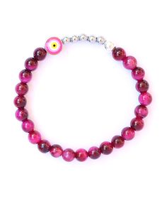 Ojo Bracelet Hot Pink Tiger Eye - Silver 1 Pink Beaded Evil Eye Bracelet, Pink Evil Eye Spiritual Jewelry, Pink Spiritual Evil Eye Jewelry, Pink Spiritual Jewelry With Evil Eye, Pink Beaded Evil Eye Bracelet With Round Beads, Pink Beaded Bracelets With Evil Eye, Pink Evil Eye Round Beads Bracelets, Pink Bracelets With Evil Eye Round Beads, Pink Evil Eye Bracelets With Round Beads