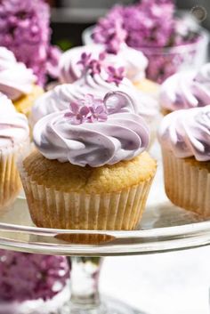 cupcakes with white frosting and purple flowers on a cake plate in front of other cupcakes