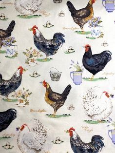 chickens and roosters on white fabric with blue mugs in the background for wallpaper