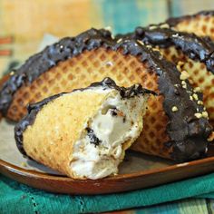 chocolate covered waffles on a plate with ice cream