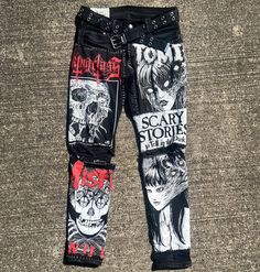 MESSAGE ME WHAT SIZE YOU WOULD LIKE These pants are decorated with hand sewn patches Takes about 2-3 weeks to make these Because each item is hand made, variation will occur. I DO CUSTOMS!  If you would like a customized design Message me! If you like horror, skulls, junji ito, or the misfits these are the pants for you  #junjiito #crustpants #citymorgue #patchpants #punkpants Edgy Patchwork Cotton Bottoms, Graphic Print Cotton Bottoms For Alternative Fashion, Straight Leg Bottoms With Patches For Streetwear, Fitted Straight Leg Bottoms With Patches, Edgy Patchwork Bottoms For Streetwear, Edgy Fitted Patchwork Bottoms, Cotton Straight Leg Bottoms With Patches, Festival Cotton Bottoms With Patches, Misfits Patch