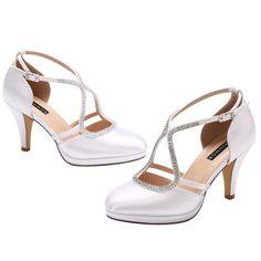 Color: Ivory Material: Satin, Rubber Sole Features: 3-In Heel Height With 0.4-In Platform, Comfort Mid Heel, Stiletto Wide Width Satin Dress Pumps, Comfortable Latex Padded Insole, Unique Crystal Chain Cross Ankle Straps Design Ensure Your Safety When Walk Or Dance. Garment Care: Clean The Shoes Thoroughly With Neutral Detergent And A Soft Bristled Brush To Remove Extra Dirt. Sizes: 5 - 11 Item # Mi1217 Bridal Wedding Shoes, Low Heel Pumps, Satin Shoes, Wedding Shoes Heels, Crystal Chain, Prom Wedding, Pump Dress, Pump Sandals