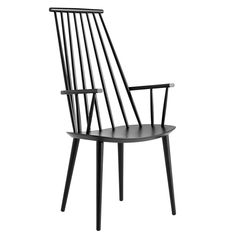 a black chair with wooden slats on the back and seat, against a white background