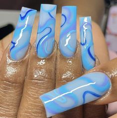 Medium Blue Nails Acrylic, Blue Multicolor Nails Acrylic, Square Nails Blue Design, Blue Nails Medium Length, Purple And Blue Nails Designs, Blue And Purple Nails Designs, Purple And Turquoise Nails, Blue Coffin Nail Ideas, Blue Nail Inspo Acrylic