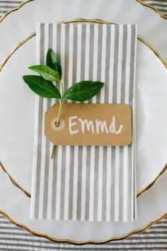 a plate with a tag and a plant on it