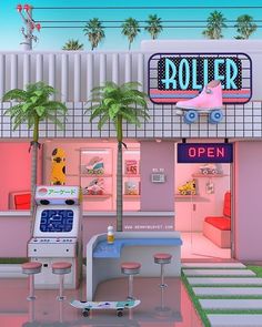 a pink motel with palm trees and neon signs on the front door, next to two stools