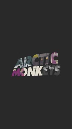 the word arctic monkeys written in multicolored letters on a black background with white and yellow accents