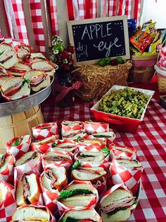 sandwiches and salads are on the table at an outdoor picnic party with red gingham cloth