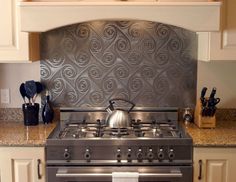 Twister stainless steel kitchen backsplash available in standard and custom sizes. Berry Kitchen, Stainless Steel Kitchen Backsplash, Household Design, Copper Kitchen Backsplash, Backsplash With Dark Cabinets, Granite Backsplash, Stainless Steel Backsplash, Stove Backsplash, Steel Backsplash