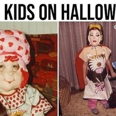 there are two pictures of children dressed in halloween costumes and one has a fake doll on her head