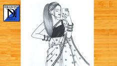 a drawing of a woman taking a selfie with her cell phone while wearing a dress