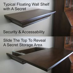 there are two shelves on the wall that have different types of shelfs attached to them