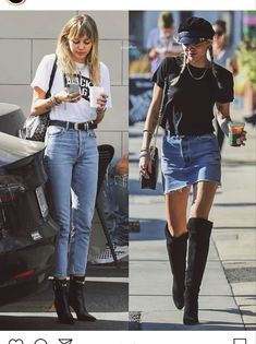 two women walking down the street, one wearing high heel boots and the other wearing ripped jeans