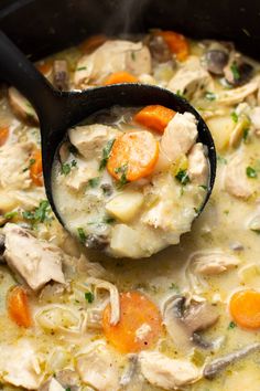 a ladle full of chicken and carrots soup