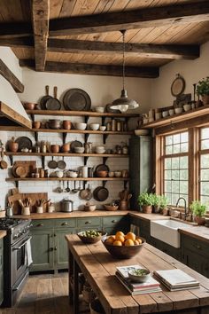 a kitchen with lots of pots and pans hanging from the ceiling, next to an oven