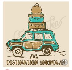 a drawing of a car with luggage stacked on top of it and the words destination unknown written below