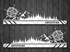 two white mountains and trees with the words adventure on them are cut out from paper