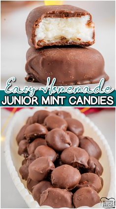 an image of chocolate covered desserts with the words easy homemade junior mint candies