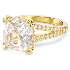 This spectacular cocktail ring is made for the spotlight. Striking the perfect balance between drama and refinement, it features an exquisite square-cut Swarovski Zirconia in a double prong setting and is finished with a pavé-embellished gallery and gold-tone plated band. Swarovski Ring, Pink Watch, Rose Gold Watches, Ear Cuffs, Gold Cocktail Ring, Swarovski Stones, White Crystals, Swarovski Jewelry, Accessories Necklace