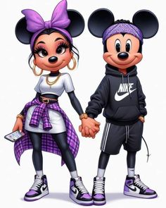 mickey and minnie mouse holding hands with the same person in front of them, both wearing matching outfits