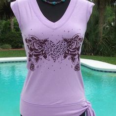 Cache Lilac Body Hugging V Neck With Purple Rhinestone Heart Embellishment With Roses Banded Bottom With Tie Self-Belt Top Will Fit Some Other Sizes, See Measurements Below New With Tags $88.00 + Tax Measurements Flat & Un Stretched, Appx & 1 Way: 95% Cotton 5% Lycra Size Small +-17" Armpit To Armpit - Lots Of Stretch / Give +-23" Length If You Need Additional Info/Measurements, Please Ask Fitted V-neck Top With Rhinestones, Belt Top, Purple Rhinestone, Stretch Top, Rhinestone Heart, Virtual Closet, Really Cute Outfits, Fancy Dresses, Lilac