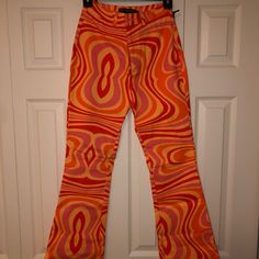 Xs, Red, Orange, Peach, Retro Pants They Have Never Been Worn. Orange Straight Leg Summer Bottoms, Orange Straight Leg Bottoms For Summer, Red Non-stretch Summer Pants, Groovy Flared Bottoms For Summer, Groovy Flare Bottoms For Summer, Retro Flare Fitted Bottoms, Red Retro Stretch Bottoms, Red Stretch Retro Bottoms, Groovy Stretch Summer Bottoms