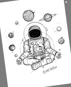 a drawing of an astronaut sitting in front of planets