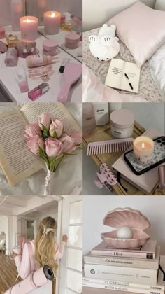 a collage of photos with candles, books and flowers