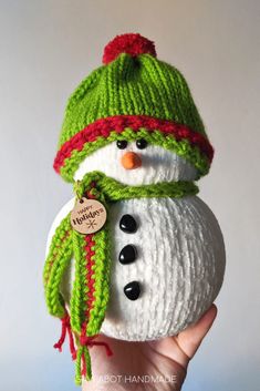 a hand holding a snowman ornament with a green hat and scarf on