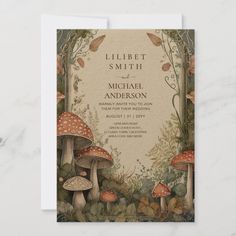 a wedding card with mushrooms and leaves on the front, featuring an illustration of a forest scene