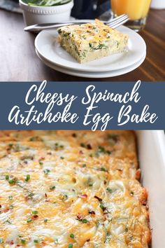 cheese spinach artichoke egg bake in a white casserole dish