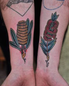 two people with matching tattoos on their arms