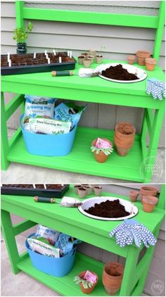 two green shelves filled with plants and dirt