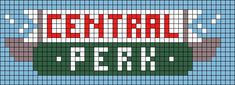 a cross stitch pattern with the words central park in red and white letters on it